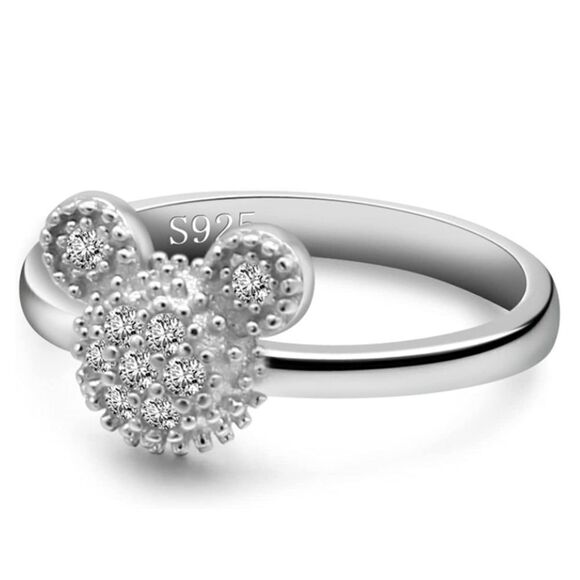 .925 Sterling Silver with White Diamond Cubic Zirconia Mickey Mouse Ring Size 8 - Picture 1 of 8